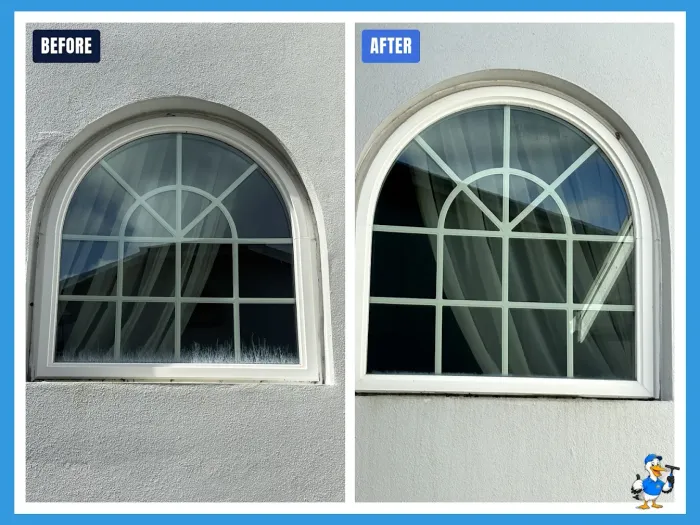 Before and after arched window cleaning on a Tampa home