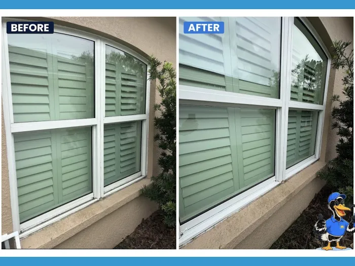 Before and after arched shutter window cleaning