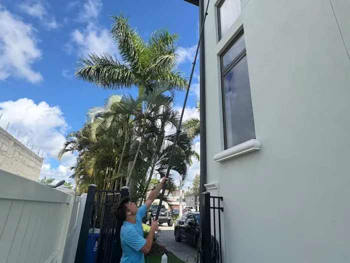 Reaching upper windows with a water-fed pole at a Tampa waterfront property
