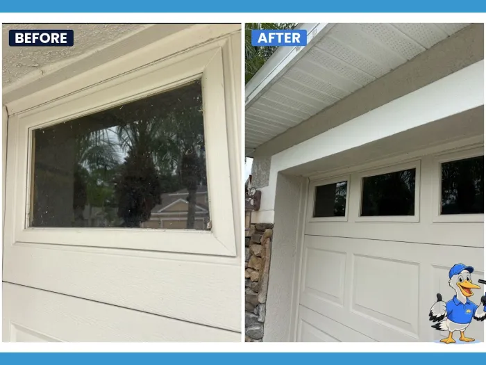 Before and after garage window and eave cleaning