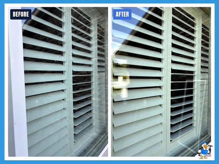 Before and after close-up of shutter glass restored to clear