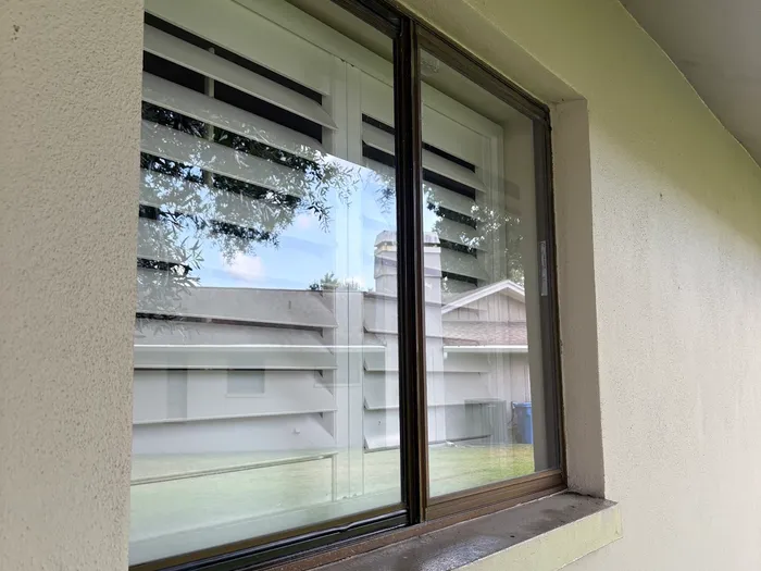 Clean sliding window reflecting sky and trees at a Tampa home