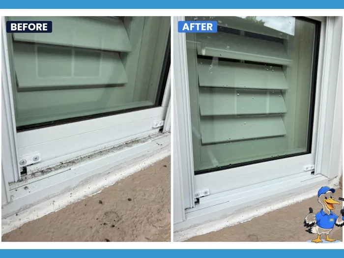 Before and after window track detailing, compacted sand and grime cleared from the channel