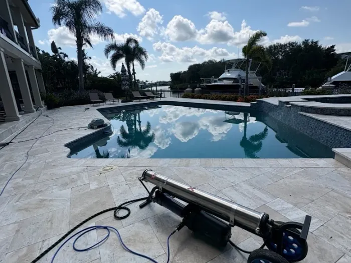 Pelican Exteriors reverse osmosis system on a waterfront Tampa pool deck